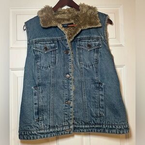 Gap Y2K Vintage Vest Women's L Denim Faux Fur Lined‎ Blue Jacket.